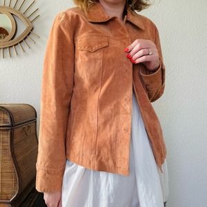 Vintage 90s y2k genuine suede leather snap button front jacket peach orange L-XL